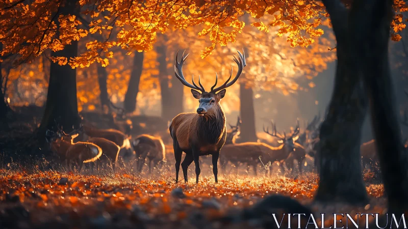 Stag herd stands under glowing autumn canopy in forest light