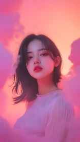 Dreamy portrait drifts through soft pink clouds at sunset.