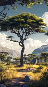 Solitary acacia tree along dry savanna footpath scene.