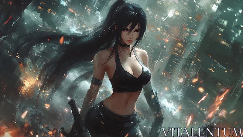 Cyberpunk warrior stands amid burning neon city ruins