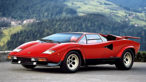 Photorealistic profile of red vintage supercar in alpine setting.