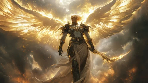 Radiant armored angel ascends amid blazing golden clouds.