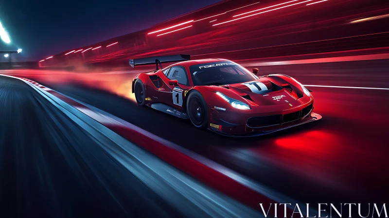 Red race car glowing with speed on a neon lit night track.