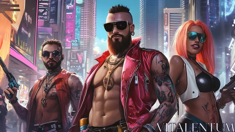 Cyberpunk street gang in neon city with armed trio.