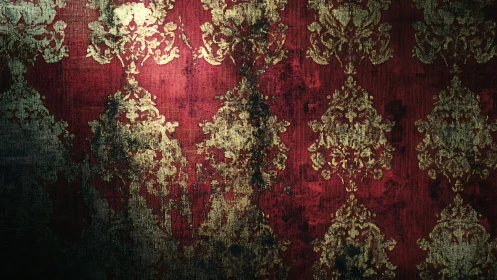 Burnished baroque damask on distressed red textile.