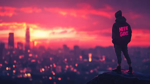 Neon-hooded dreamer watching a fire-sky city awaken.