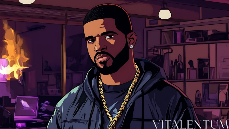 Neon-lit urban portrait with burning office backdrop illustration.