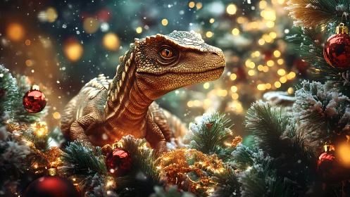 Curious baby dinosaur enjoys a magical festive Christmas scene