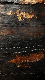 Burnt timber texture with metallic copper highlights surface.