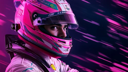 Focused racer in neon pink helmet ready to chase victory.
