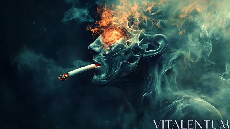 Side profile smoke figure with burning cigarette and flames