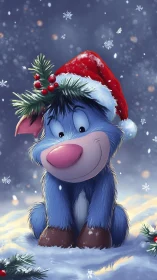 Blue cartoon puppy wears Santa hat in soft snowfall