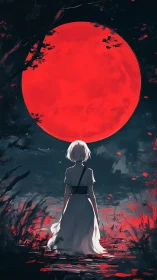 Solitary figure under blood-red moon in dark forest.