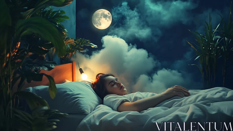 Sleeping figure beneath moonlit clouds in lush bedroom