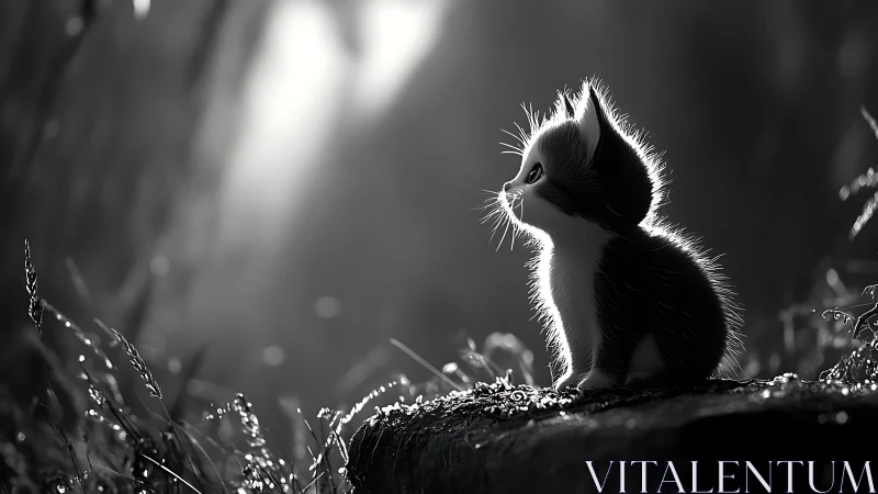 Kitten in Backlit Field with Dew.