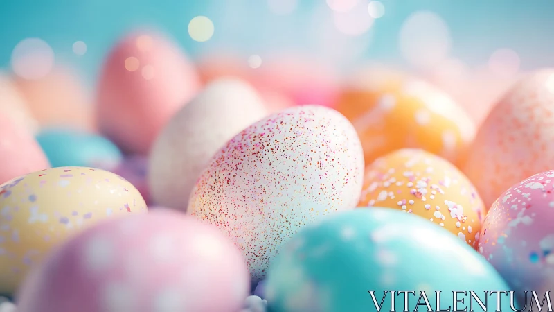 Shallow‑focus macro study of speckled pastel Easter eggs.