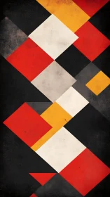 Warm geometric dance of red, gold, white, and charcoal shapes.