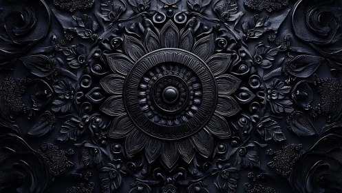 Dark floral mandala relief with detailed ornamental petals.
