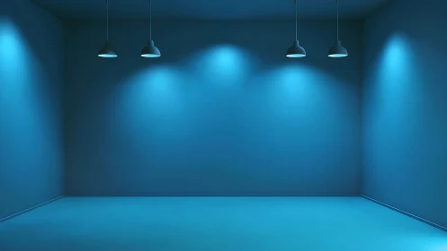 Monochrome cyan room renders precise pendant lighting study