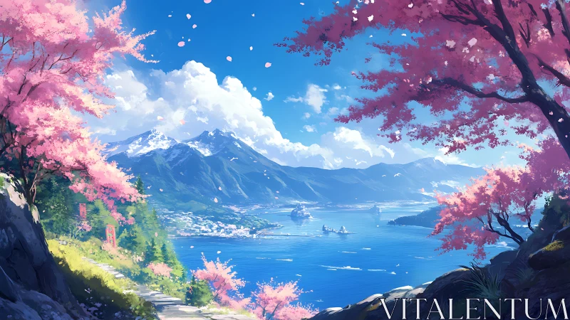 Blossom-framed coastal mountains under bright spring skies.