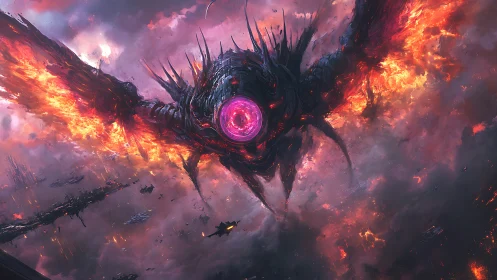 Colossal cosmic war machine with flaming wings descends.