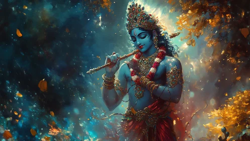 Celestial flute melody in a glowing forest of devotion.