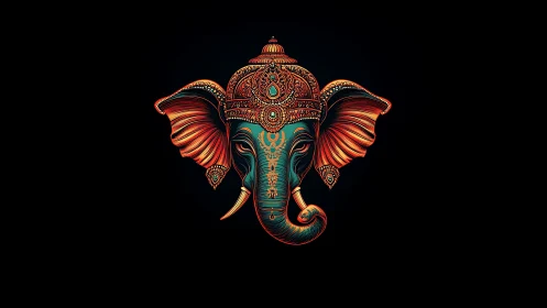 Ornate stylized elephant head is centered on black background