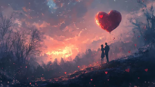 Silhouetted Couple Beneath Incandescent Heart-Shaped Balloon at Sunset