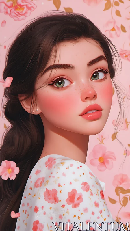 Stylized portrait of freckled girl in soft floral chroma