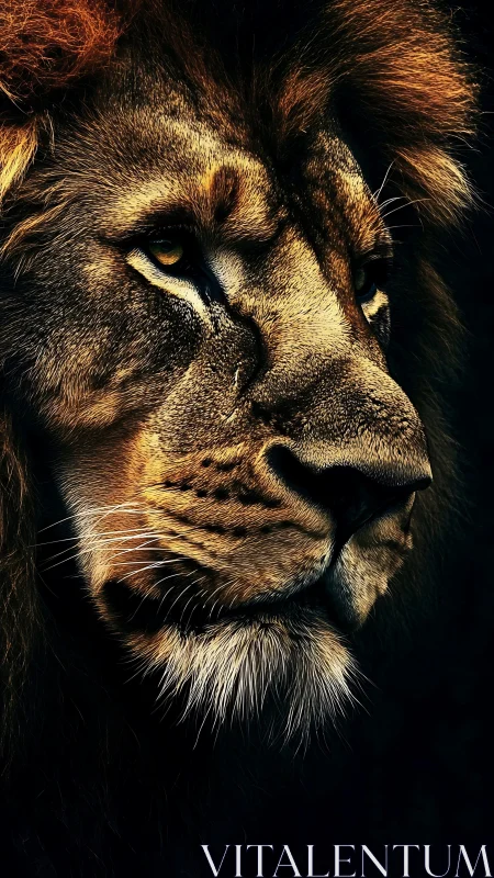 Majestic lion portrait rendered in dramatic low key light