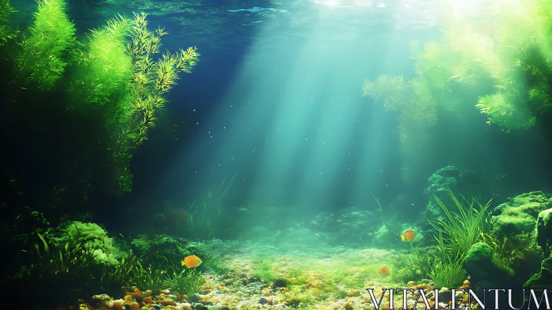 Sunlit kelp cathedral and drifting goldfish pilgrims.