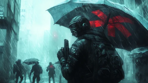 Guardian in the rain walking under a bold red-marked umbrella.