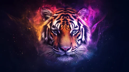 Neon cosmic tiger portrait with vivid glowing nebula.