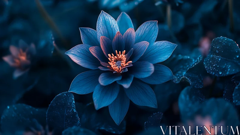 Blue Lotus with Coral Stamen Under Nocturnal Bokeh