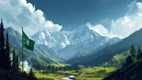 Snow peak range above lush alpine valley with green flag.