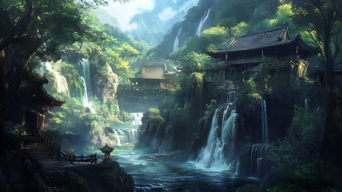 Mountain temple complex rises amid cascading emerald waterfalls.