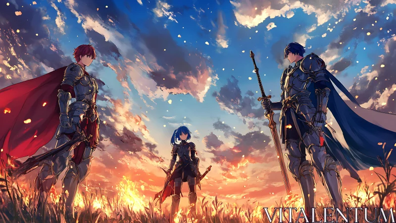 Armored trio confronts at sunrise under expansive cloudscape