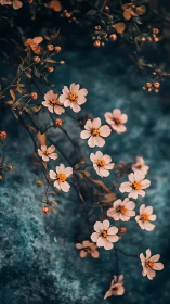 Delicate Peach Flowers Against Dark Teal Background