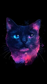 Digital rendering of feline head with luminescent nebula integration and spectral coloration.