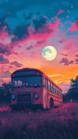 Old bus in field under large moon at vivid sunset sky.