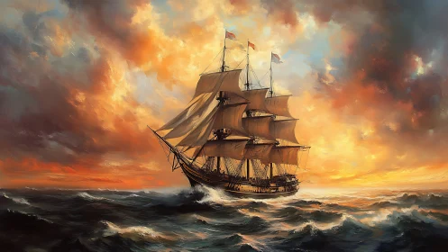 Tall ship under blazing sunset sky at rough sea.