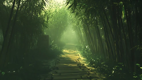 Sunlit bamboo forest path glows with tranquil morning haze