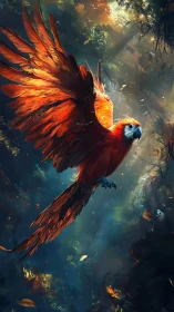 Scarlet macaw ascends through volumetric jungle light