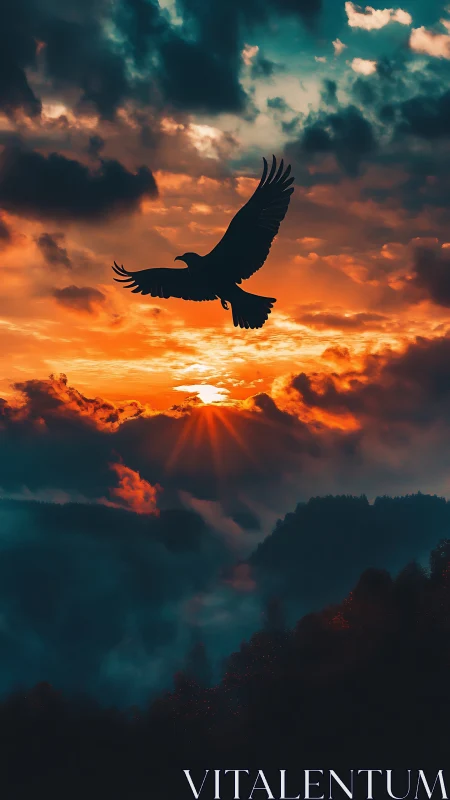 Silhouetted bird gliding across vivid sunset sky.