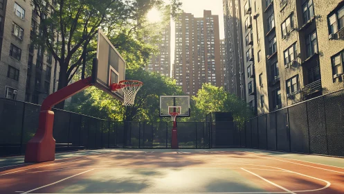 Sunlit urban basketball court with twin hoops and tower blocks