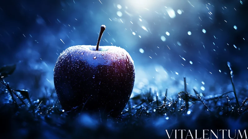 Backlit dewy apple under dynamic rain with shallow depth of field