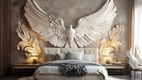 Sculpted angel wings crown serene neutral bedroom retreat.