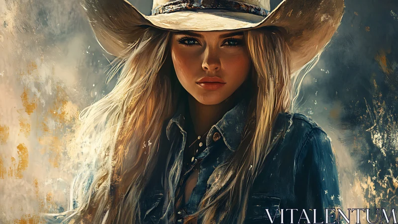 Cowgirl portrait merges rugged denim and golden light.
