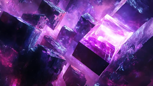 Neon crystalline cubes drift through cosmic violet void.