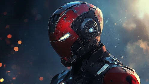 Scarred crimson exosuit sentinel watching embers fall.